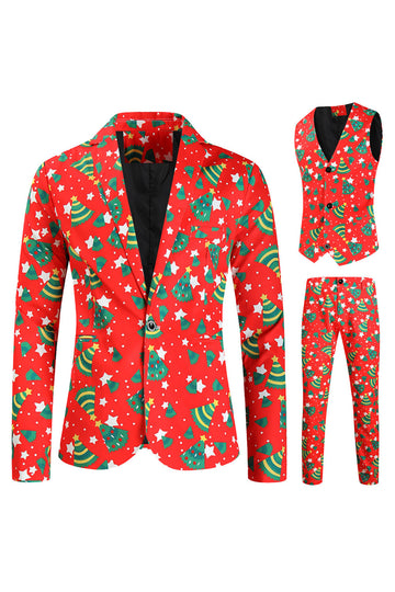 Traje de festival para hombre con estampado de árbol verde rojo de Navidad de 3 piezas